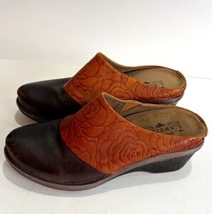 Spring Step L'Artiste Leather Clogs Brown Embossed Wedge Womens 37
